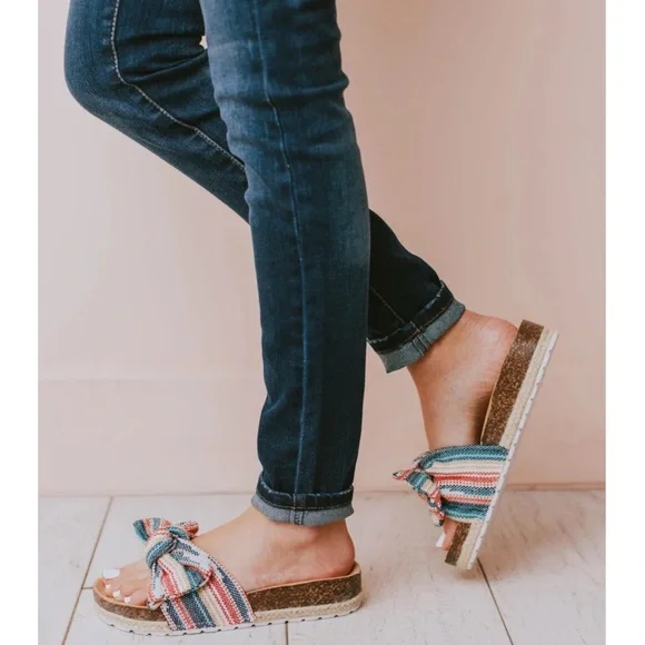 Multi Colored Slip On Linen Fabric Bow Sandals - Picture 6 of 11